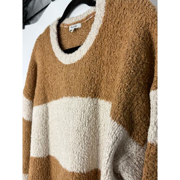 Madewell Teddy Striped Pullover Sweater XL Tan Cream Cozy Textured Knit Soft - Picture 6 of 10